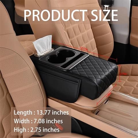 Universal Car Armrest Organizer Seat Gap Organizer Leather Plastic Storage Box with Cup Holder, Tissue Holder